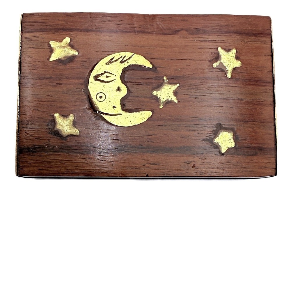Mini Rosewood Trinket Pill Stash Box Brass Inlay Hand Crafted Vintage India 70s